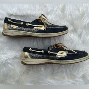 Women’s Sperry Top-Sider Boat Shoes Black and Gold, Size 8